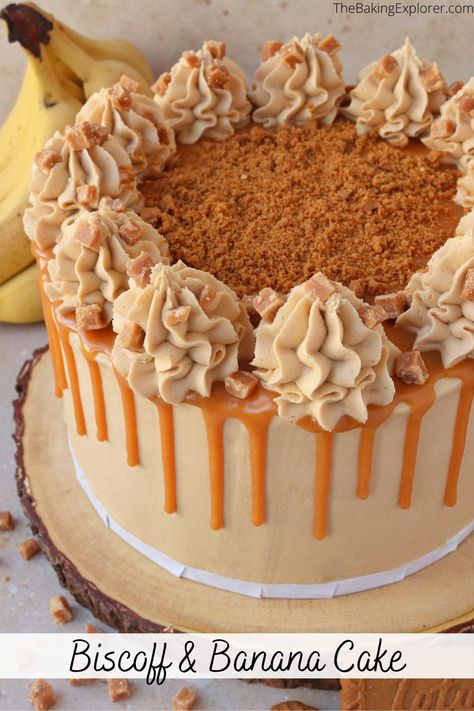 Recipe for a Biscoff & Banana Cake - three layered brown sugar and banana sponge, with Lotus biscoff spread buttercream, and a caramel drip #thebakingexplorer #dripcake #biscoffbanana #biscoffcake #carameldrip Easy No Bake Treats, Banana Cake With Caramel, Biscoff Banana, Carnation Caramel, Lotus Biscoff Spread, Biscoff Cake, Cake With Caramel, Biscoff Cheesecake, Biscoff Spread