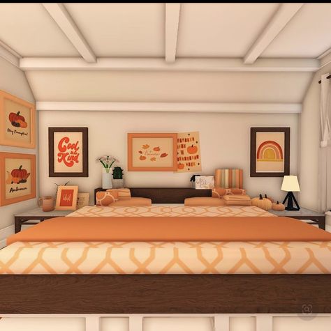 Fall Bedroom Bloxburg Ideas, Bloxburg Autumn Interior Ideas, Cute Fall Bloxburg Bedrooms, Halloween Bedroom Bloxburg, Bloxburg Autumn Bedroom, Bloxburg Fall Bathroom, Autmn Bloxburg House, Fall Bedroom Bloxburg, Bloxburg Fall Room Ideas