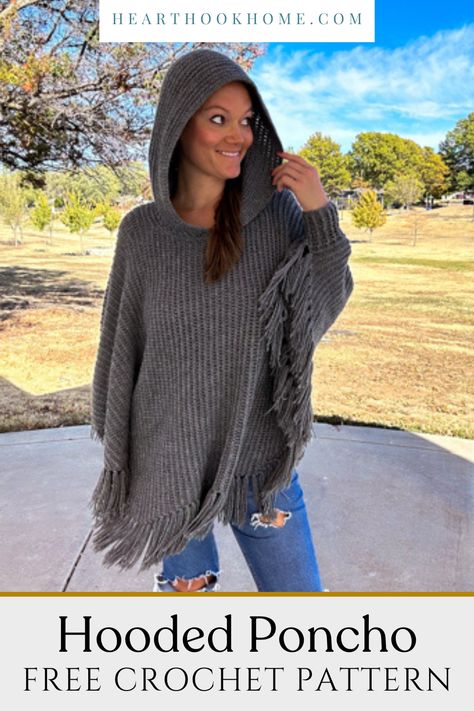 The Lori Poncho is the perfect thing to wear all winter long. This keeps you warm AND stylish! A free pattern that is size inclusive and easy to crochet. Follow along with the pattern and you'll have a chic poncho in no time! Crocheted Hoodie Pattern Free, Hooded Sweater Pattern Crochet, Elwyn Hood Crochet Pattern, Crocheted Sweaters Free Pattern, Crochet Cloak Pattern Free, Crochet Hooded Cloak, Crochet Poncho Free Pattern Woman Easy, Crochet Ruana Pattern Free, Plus Size Crochet Patterns Free