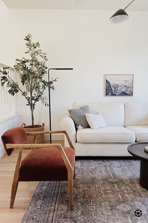 Warm Olive Green + Rust, California Casual, Parisian Living Room. Loving the combination of the white sofa, vintage inspired rug with olive green tones, and the cinnamon rust chairs! And of course, the olive tree! Design by Peggy Haddad Interiors. Follow me in the @LIKEtoKNOW.it shopping app to shop this post and get my exclusive app-only content! #liketkit #LTKhome #LTKunder100 #stayhomewithltk Living Room Decor With White Sofa, Rust Chairs Living Room, Living Room Vintage Rug, Sofa And Rug Combination, Green Sofa With Accent Chairs, Rust Accent Living Room, Living Room Rug Designs, White Sofa With Rug, Parisian Rug Living Rooms