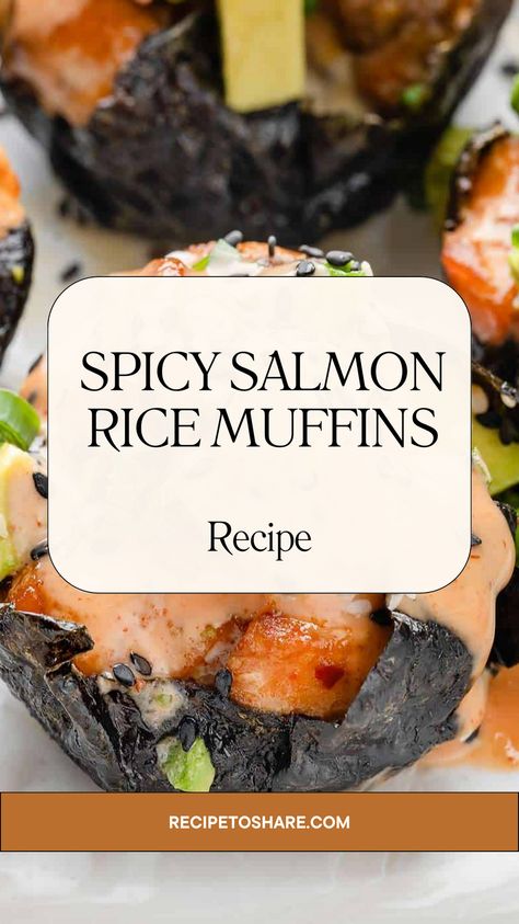 Ingredients:
3 sheets nori paper
1½ cups cooked sushi rice (or basmati) Salmon:
1 lb salmon, skin removed + cubed small
2 tbsp sesame oil (or olive oil)
1 tbsp low sodium soy sauce
1 tbsp honey
2 scallions, diced
½ tsp each garlic powder, onion powder, chili powder, paprika, dried oregano
Salt to taste Spicy Mayo:
¼ cup Kewpie mayo
2 tsp Sriracha sauce
1 tsp honey Toppings:
½ avocado, diced small
2 tsp black sesame seeds Honey Soy Salmon Cups, Spicy Salmon Rice Muffins Hungry Happens, Rice Muffins Recipe, Spicy Salmon Rice Muffins, Salmon Rice Muffins, Flourless Banana Bread Recipe, Rice Muffins, Cooked Sushi, Honey Soy Salmon