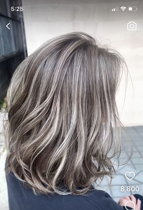 Biolage Highlights For Grey Hair, Dark Hair Going Gray Highlights, Ash Brown Hair With Highlights To Cover Gray, Grey Blending Dark Blonde, Dark Blonde And Gray Hair, Gunmetal Hair Color, Natural Grey With Lowlights, Gray Highlights On Light Brown Hair, Ash Beige Hair Highlights