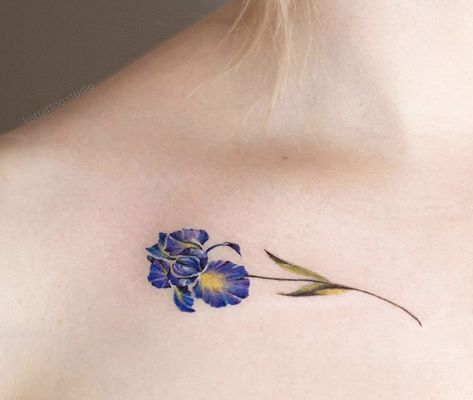 Fineline Iris Tattoo, Jamie Tattoo, Collar Bone Tattoos, Ohm Tattoo, Iris Flower Tattoo, Neat Tattoos, The Bends, Cute Matching Tattoos, Iris Tattoo