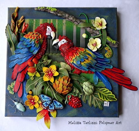 Feather and Foliage by Melissa Terlizzi, polymer clay, masa flexible, cold porcelain, pasta flexible, salt dough, pasta de sal, fimo, cernit, arcilla polimero, pasta francesa, porcelana fria Clay Wall Art, Colorful Parrots, Sculpture Painting, Clay Art Projects, Bird Sculpture, ดินปั้น Polymer Clay, Quilling Designs, Clay Flowers, Polymer Clay Projects