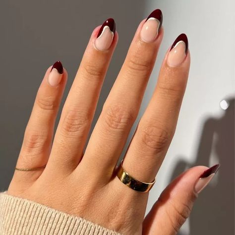 13 Autumnal Almond Nail Ideas to Try This October Burgundy Tip Nails, Burgundy French Nails, Burgundy Nails With Gold, Reverse French Tip, Nails Red French, Nails With Gold, Red French, Nail Type, Acrylic Press On Nails