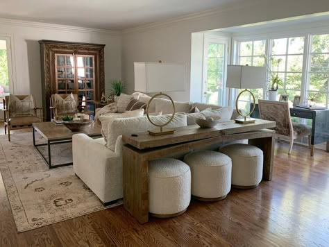 Long Sofa Table Behind Sectional, Multi Seating Area Living Room, Circular Seating Area Living Room, Adding Extra Seating In Living Room, Stools For Living Room Extra Seating, Seating Area Behind Couch, Family Seating Area, What To Do With Extra Space In Living Room, Furnish Large Living Room