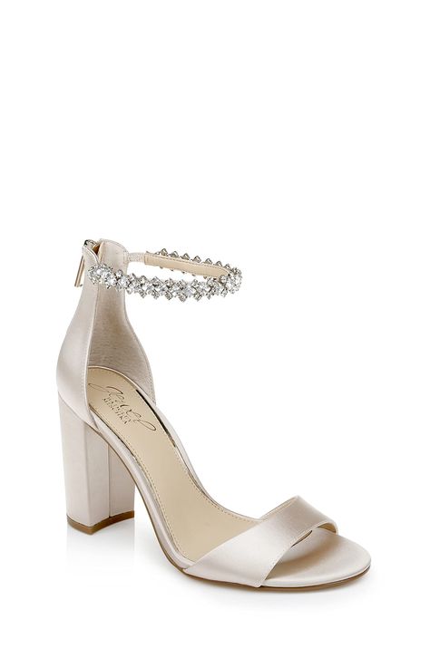 PRICES MAY VARY. Louise Peep-Toe Block Heel Shoes Block Heels, Jewel Badgley Mischka, Wedding Sale, Evening Shoes, Satin Material, Badgley Mischka, Bridal Shoes, Heeled Sandals, Dresses For Sale