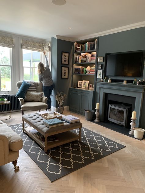 Grown Up Living Room, Navy Panelled Living Room, 1930s Sitting Room Ideas, Neptune Sitting Room, Matching Fireplace And Wall, Heritage Living Room Decor, Dark Walled Living Room, British Living Room Ideas, Dark Lounge Room