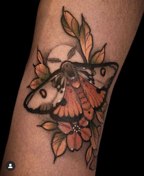 Brown Outline Tattoo, Neo Traditional Inner Bicep Tattoo, Neotrad Moth Tattoo, Moth Tattoos For Women Color, Brown Moth Tattoo, Neo Traditional Elbow Tattoo, Bug Tattoo Color, Moth Color Tattoo, Moth Flower Tattoo