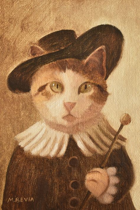 Newest oil painting of a Tabby Cat dressed in Baroque clothing with hat and cane. Available on my Etsy shop. Oil on canvas wood panel, 6x8". #catpainting #vintagecat #catlover #oilpainting Cat In A Dress Drawing, Cat In A Dress, Baroque Clothing, Whimsical Portraits, Cat Oil Painting, Cat Dressed Up, Cat Dresses, Dress Drawing, Baroque Style