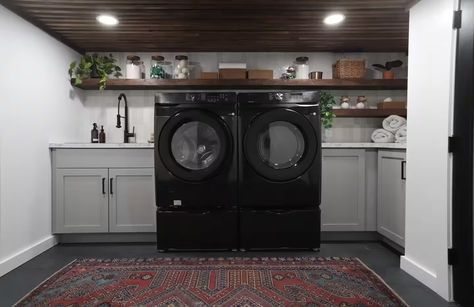 Straight on shot of black washer and dryer Room Ideas Gray, Basement Laundry Room Ideas, Small Linen Closets, Laundry Room Paint Color, Laundry Room Paint, Light Gray Cabinets, Wooden Countertops, Laundry Room Wall Decor, Basement Laundry Room