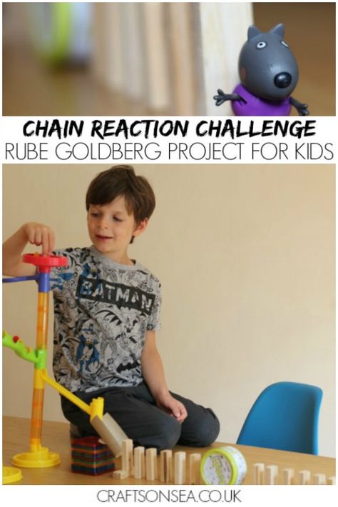 Simple Rube Goldberg machine ideas for kids - this easy chain reaction challenge has got my son fascinated by engineering! What will your kids make? #kidsactivities #stem Chain Reaction Stem Challenge, Chain Reaction Machine, Rube Goldberg Projects For Kids Easy, Chain Reactions For Kids, Rube Goldberg Machine Ideas Simple, Easy Rube Goldberg Machine, Rube Goldberg Projects For Kids, Goldberg Machine Ideas, Rube Goldberg Machine Ideas