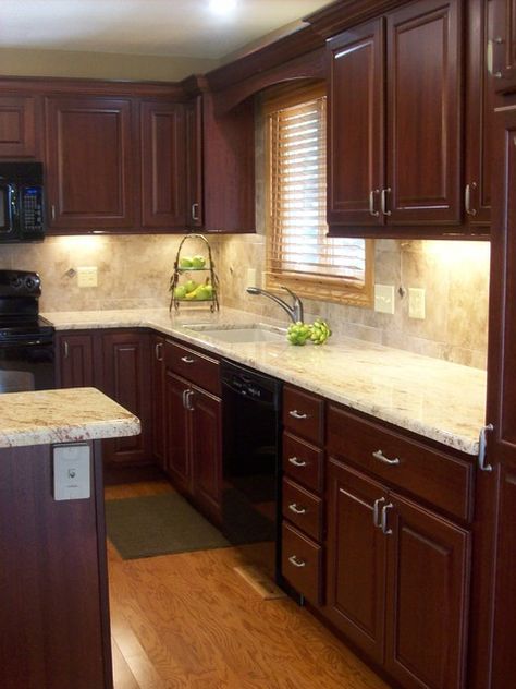 Cherry Stained Kitchen Cabinets, Kitchens With Cherry Cabinets, Cherry Wood Kitchen Cabinets, Cherry Wood Kitchens, Light Countertops, Stained Cabinets, Cherry Wood Cabinets, Classy Kitchen, Cherry Kitchen