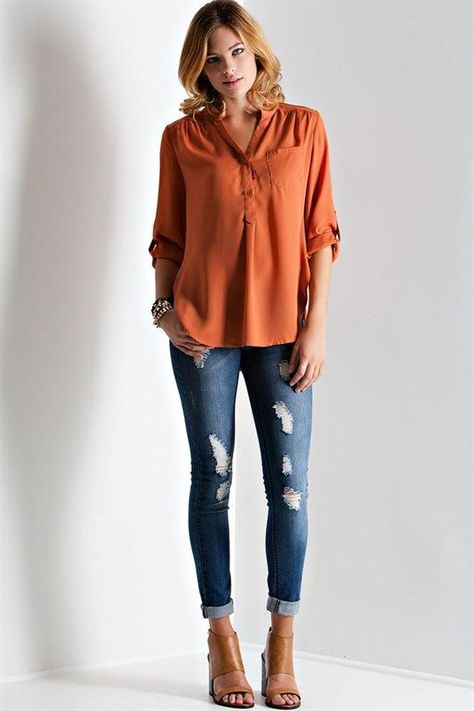 Burnt Orange Blouse Outfit, Rust Blouse Outfit, Burnt Orange Shirt Outfit, Burnt Orange Top Outfit, Nude Sandals Outfit, Orange Blouse Outfit, Orange Top Outfit, Orange Shirt Outfit, Burnt Orange Shirt