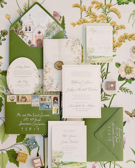 So many heartfelt details for this wedding - where to begin? See this beautiful backdrop? The bride’s grandmother created every bridesmaids gown with this fabric. What a labor of love! And the stationery suite with the gorgeous calligraphy? It was designed by the bride’s mother! So much more to share from this unforgettable Carmel wedding. Planning: @itssimplyaddy, Florals: @laughingalfloral, Paper Goods: @pinkchampagnedesigns, Videography: @chair7films, Bridal boutique: @sfbridalgalleria, D... Garden Party Wedding Invitations, Dream Garden Wedding, Bridesmaids Gown, Gorgeous Calligraphy, Bride’s Mother, Carmel Weddings, Letterpress Wedding Invitation, Wedding Invitation Inspiration, Green Envelopes