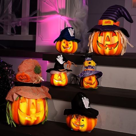 Outdoor Decorations Halloween, Purple Witch Hat, Halloween Led Lights, Blue Hats, Decorative Pumpkin, Purple Witch, Light Up Pumpkins, Haunted House Decorations, Halloween Lanterns