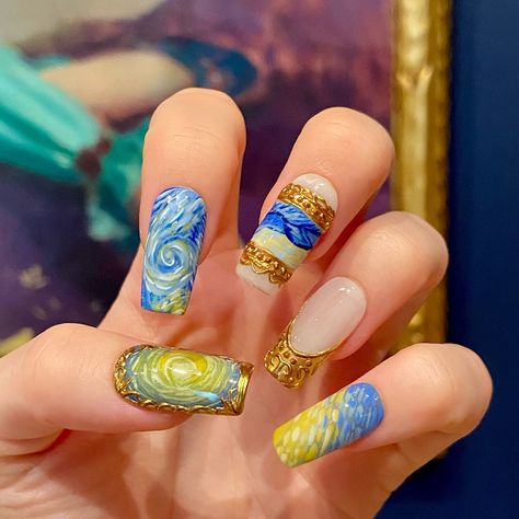 🖼️ VAN GOGH 🖼️ Perhaps one of my ultimate favorite GNAIL sets to date! This set is part of the fine art nail collection i am building - more of this type of work to come 🤍🎨 this level 4 design set is inspired by vincent van goth’s starry night (obvi) and is available for custom order in any nail shape or length! 💅🏻 don mclean did in fact write a devastatingly corny ballad about mr. van gogh and it hits every time tbh @gelcare.official chambray, klein blue, dijon @apresnailofficial mediu... Nail Collection, Gold Frames, Starry Night Van Gogh, Level 4, Impressionist Paintings, Unique Nails, Nail Shop, Nail Art Summer, Klein Blue