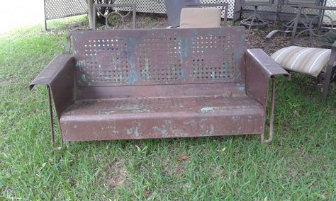 Last summer we found a vintage glider and 2 chairs for sale on a local social… Vintage Glider, Outdoor Seating Ideas, Metal Lawn Chairs, Vintage Outdoor Furniture, Diy Furniture Chair, Outdoor Storage Bench, Garden Diy Ideas, Vintage Patio, Vintage Porch