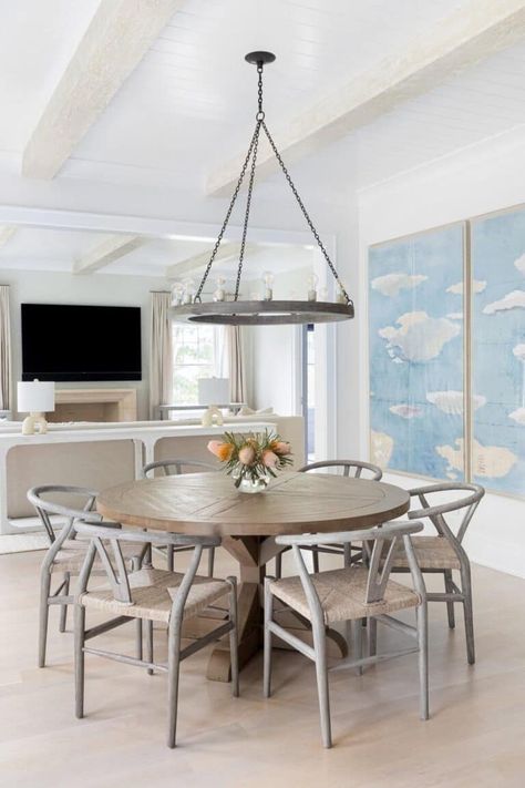 Countryside home gets a beautiful makeover in the Hudson Valley Informal Dining Room, Art Curation, Informal Dining, Round Wooden Dining Table, Dining Table Light, Transitional Dining Room, Dining Table Lighting, Wood Beam Ceiling, Custom Furniture Design