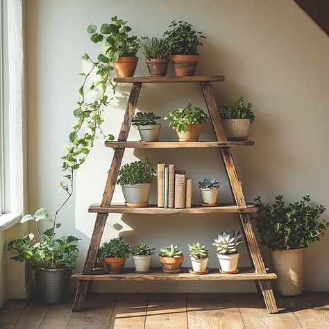 Serene indoor garden corner with wooden ladder shelf, green potted plants, and small books, perfect for relaxation and reflection. Corner Shelf For Plants, Indoor Garden Corner, 2025 Rebranding, Wooden Plant Shelf, Ladder Shelf Decor, Corner Ladder Shelf, Ladder Planter, Wooden Ladder Shelf, Indoor Plant Display