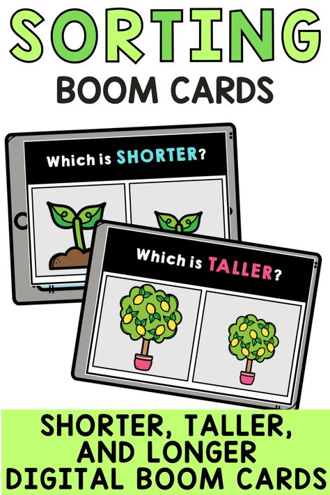 Engage preschool and kindergarten students in comparing length and width with our digital Boom Cards! This interactive math and science activity helps students practice identifying shorter, longer, and taller objects. With 30 engaging Boom Cards, students will sort objects by attributes, making learning fun and interactive. Math Logic Puzzles, Measurement Activities, Homeschool Worksheets, Math Fact Fluency, Math And Science, Early Childhood Teacher, Science Activity, Kindergarten Worksheets Printable, Teaching Lessons