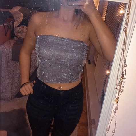 Stretchy And Soft Sparkly Tube Top, Has A Rubber Lining So It Doesn’t Slip, Never Worn Out, Just Too Big For Me Sparkly Tube Top, Tube Top Black, Baby Crop Top, Green Crop Top, Cropped Long Sleeve Top, High Neck Top, Purple Plaid, Bralette Tops, Short Sleeve Cropped Top