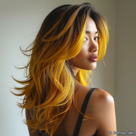 45 Fall Hair Colors to Fall in Love with This Season! Sunshine Yellow Hair, Yellow Hair Dye, Cinnamon Balayage, Fire Red Hair, Hair Colors To Try, Yellow Hair Color, Yellow Highlights, Sunset Hair, Yellow Ombre