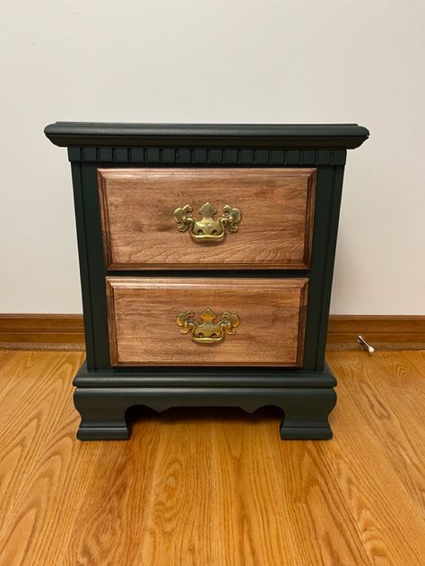 Love this project so much. Two drawer nightstand painted essex green 💚 We decided to leave the drawers and stain them to compliment the green tone. Check out our instagram for before and after! ✨ RestoredbyRiley Nightstand Painted, Dresser Flip, Dresser Flips, Brown Nightstand, Essex Green, Two Drawer Nightstand, Brown Nightstands, Nightstand Table, Refinishing Furniture Diy