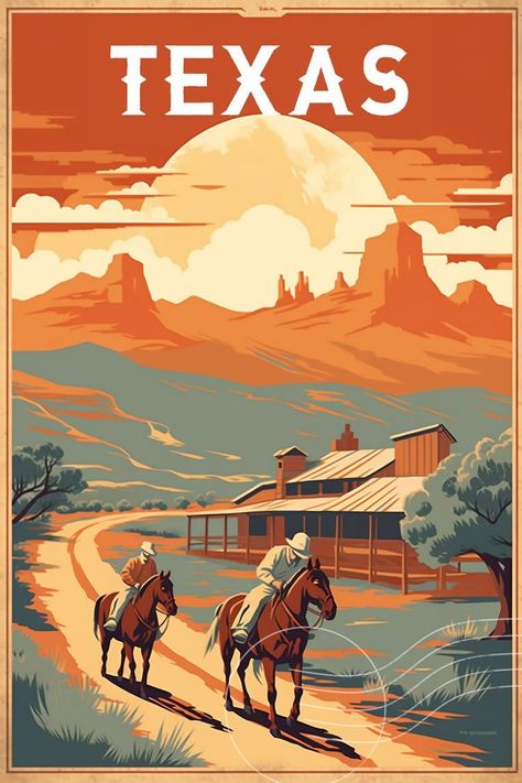 Aesthetic Vintage Posters Wall, Vintage Travel Art, Vintage Texas Art, Country Poster Design, Traveling Poster, Texas Illustration, Texas Postcard, Vintage National Park Posters, Texas Poster