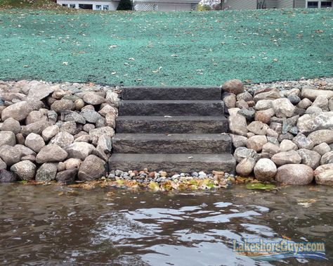 stairs in riprap rock for seawall Lake Retaining Wall Ideas, Seawall Ideas Lake Retaining Walls, Seawall Landscaping, Lake Front Landscaping, Shoreline Ideas, Flagstone Steps, Dock Ideas, Lake Landscaping, Boat Docks