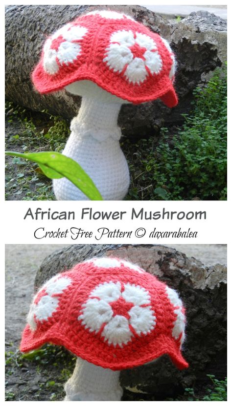 African Flower Mushroom Crochet Free Pattern - Toadstool Mushroom Free #Crochet; Patterns Free Crochet Patterns Mushroom, Free Crochet Mushroom, Granny Square Stuffed Animal Patterns, African Flower Crochet Animals Free Pattern Granny Squares, Free African Flower Crochet Pattern, Toadstool Crochet, African Flower Crochet Animals Pattern, Crochet Mushroom Doll Pattern Free, African Flower Animals Free Patterns