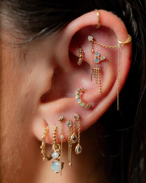 Full Pierced Ear, Ear Full Of Piercings, Ear Constellation Piercings, Piercings Ear Ideas, Piercing Stacks, Ear Jewelry Ideas, Constellation Piercing, Body Piercing Ideas, Ear Designs