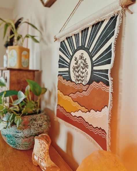 warm sunset vibes 🧡🌞 shop wall tapestry, pottery and home decor for last minute Mothers Day Gifts! use code: bohobabe #bohohomedecor #walltapestry #mothersdaygift #wallhanging Western Apartment Decor, Sun Tapestry Bedroom, Earthy Tapestry, The Sun Tapestry, Moon Phase Tapestry, Granola Tapestry, Hippie Homes, Sunset Landscape, Hacks Diy