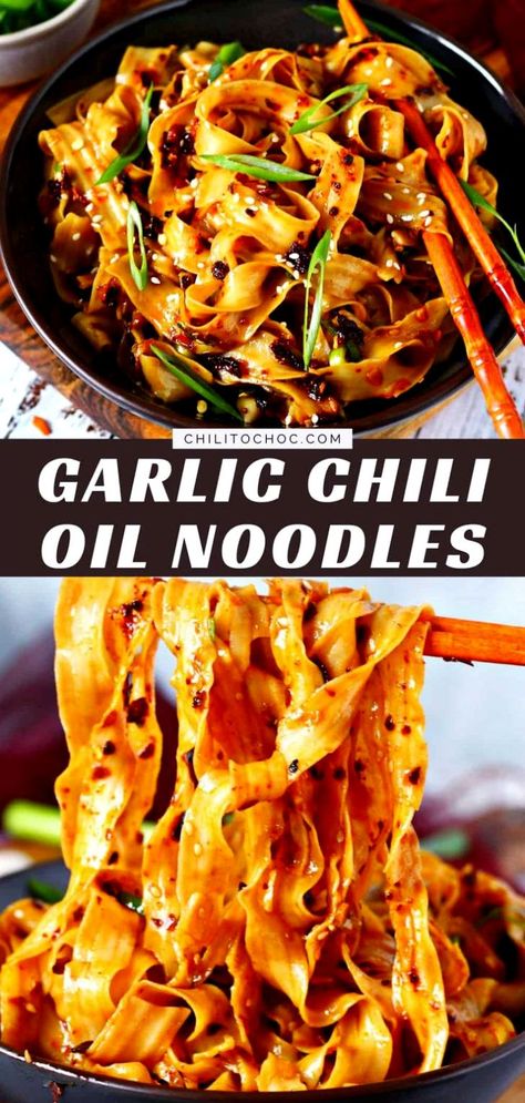 Whip up these Chili Oil Noodles in only 10 minutes! These spicy garlicky noodles take all your favorite flavours and combine them into one hot magical dish. Spicy Ginger Chili Noodles, Drunken Noodles Spicy, Spicy Oil Noodles, Spicy Chili Crisp Noodles, Italian Drunken Noodles Recipe Easy, Sweet Chilli Noodles, Sweet And Spicy Noodles, Rice Sticks Recipe Noodles, Chili Recipe With Noodles