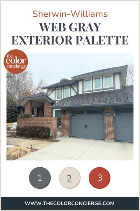 This modern Tudor exterior features a SW Web Gray color palette. Explore the full exterior color scheme. Web Gray Color Palette, Sw Web Gray Exterior, Sw Web Gray, Modern Tudor Exterior, Modern Tudor House Exterior, Tudor Exterior Paint, Brick Exterior Colors Schemes, Modern Tudor House, Beige House Exterior