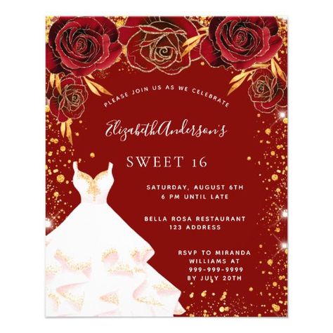 Sweet 16 red gold white dress budget invitation #red #gold #glittersparkles #dress #flowersfloral #redandgold #16thsixteenthbirthdayparty #sweet16yearsoldsixteen #budgetbirthdaypartyinvitation #redandwhite Gold White Dress, Red Sweet 16 Dresses, Pink Sweet 16 Dress, Red Glitter Dress, Quinceanera Red, Budget Birthday, Pink Sweet 16, Sweet 16 Themes, White Gold Dress