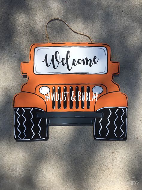 Jeep Crafts Diy, Jeep Door Hanger, Jeep Wood Signs, Wooden Jeep, Truck Door Hanger Wooden, Camper Door Hanger Wooden, Truck Door Hanger Wooden Halloween, Wooden Door Hangers Truck, Jeep Names