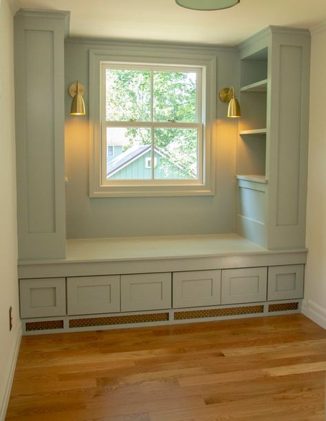 Just finished building this cozy reading nook : CozyPlaces Cozy Built In Reading Nook, Reading Nook Near Fireplace, Reading Nook By The Window, Reading Nook Around Window, Reading Nook Bookshelves, Building A Reading Nook, Small Window Reading Nook, Window Reading Nook Ideas, Corner Sitting Area Cozy Nook