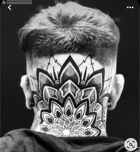 Tattoo Designs For Neck, Geometric Throat Tattoo, Mandala Tattoo Neck, Back Of Neck Tattoo Men, Mandala Tattoo Back, Mandala Tattoo Men, Blitz Tattoo, Mandala Tattoo Designs, Full Neck Tattoos