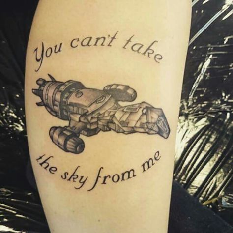 My awesome firefly tattoo, and the start of a full sci-fi piece. Firefly Show Tattoo, Firefly Tattoo Serenity, Firefly Serenity Tattoo, Queer Tattoos, Mass Effect Tattoo, Serenity Tattoo, Geek Tattoos, Tv Tattoo, Firefly Tattoo