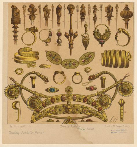 Ancient Roman jewelry - NYPL Digital Collections Roman Outfit, Ancient Rome Fashion, Ancient Rome Clothing, Ancient Roman Clothing, Roman Jewellery, Egyptian Drawings, Roman Clothes, Celtic Jewellery, Ancient Roman Jewelry