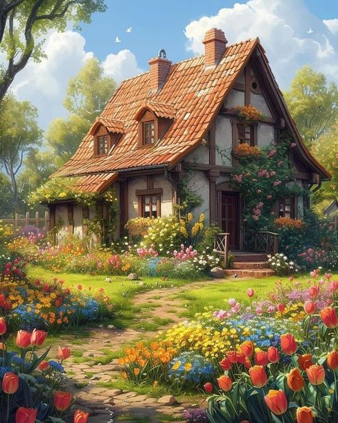 Fantasy Cottage Art, Cottage Concept Art, Relaxing View, Cottage Illustration, Fairy Tale Cottage, Fantasy Cottage, German Houses, Log Cabin Rustic, Cottage Painting