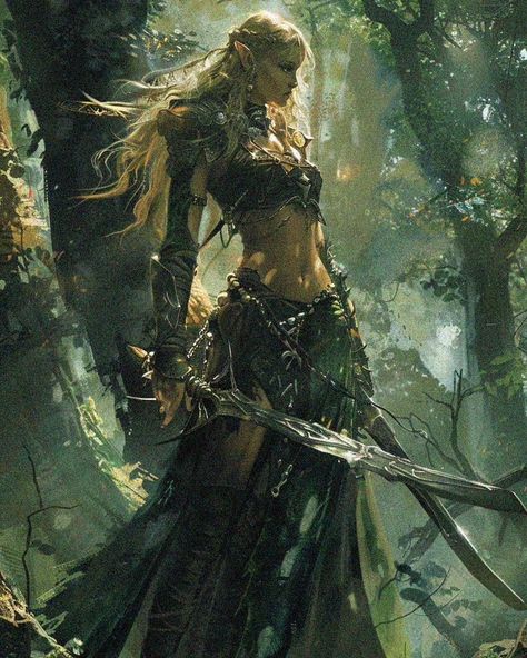 Dark fantasy elven scout im the forest. #dnd #dungeonsanddragons #fantasy #darkfantasy #retro #art #si #aiart #midjourney #frankfrazetta #female #elves Summer Eladrin Dnd, Elves Aesthetic, Dnd Forest, Mystical Characters, Elven Art, Woodland Elves, Elves Art, Book Planning, Forest Elves