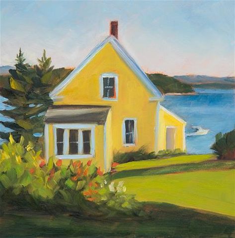 Stonington Maine, House Portrait Painting, Watercolor House Painting, Maine Cottage, Cottage Painting, Maine Art, Building Painting, Yellow House, Yellow Houses