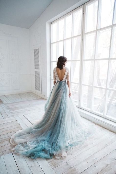 Winter Wedding Dress Blue, Wedding Dress Blue Accent, Wedding Dress Blue, Dusty Blue Weddings, Blue Wedding Dresses, Teal And Grey, Grey Dress, Colored Wedding Dresses, Gorgeous Gowns