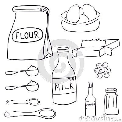 Milk Drawing, Cookie Vector, Desserts Cake, Dessert Ingredients, Cake Chocolate, Drawing Set, Cute Easy Drawings, Cookies Ingredients, Cake Ingredients