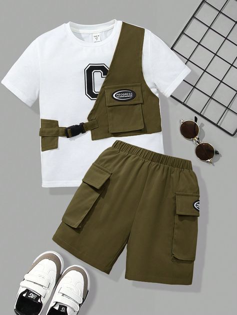 Young Boy 2pcs/Set Casual And Comfortable Workwear Style Short Sleeve Top With Side Vest And Shorts Army Green Casual    Letter  Slight Stretch  Young Boys Clothing, size features are:Bust: ,Length: ,Sleeve Length: Styles For Boys Outfits, Casual Clothes For Boys, Kids Outfits Boys, Boys Clothing Styles, Cool Boys Clothes, Fashion Collection Inspiration, Kids Wear Boys, Boys Summer Fashion, Kids Dress Boys