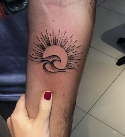 Surfer Tattoo, Trippy Tattoo, Simple Wrist Tattoos, Surf Tattoo, Tattoo Catalog, Sun Tattoo Designs, Small Chest Tattoos, Hip Thigh Tattoos, Wave Tattoo