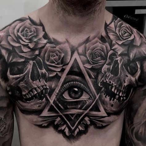 🌹💀👁🔺Latepost, i did 5,5 hour including break for this chest Chest Tattoo Wings, Full Chest Tattoos, Skull Rose Tattoos, Throat Tattoo, Realistic Tattoo Sleeve, Knuckle Tattoos, Cool Chest Tattoos, Chest Tattoos, Neck Tattoo For Guys