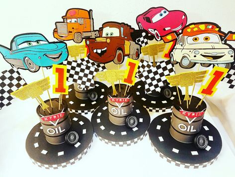 Cars theme centerpieces #peachbecrafting Car Centerpieces, Pixar Cars Birthday, Pixar Party, Cars Pixar, Car Themed Parties, Cars Theme Birthday Party, Diy Disney, Lil Boy, Car Themes